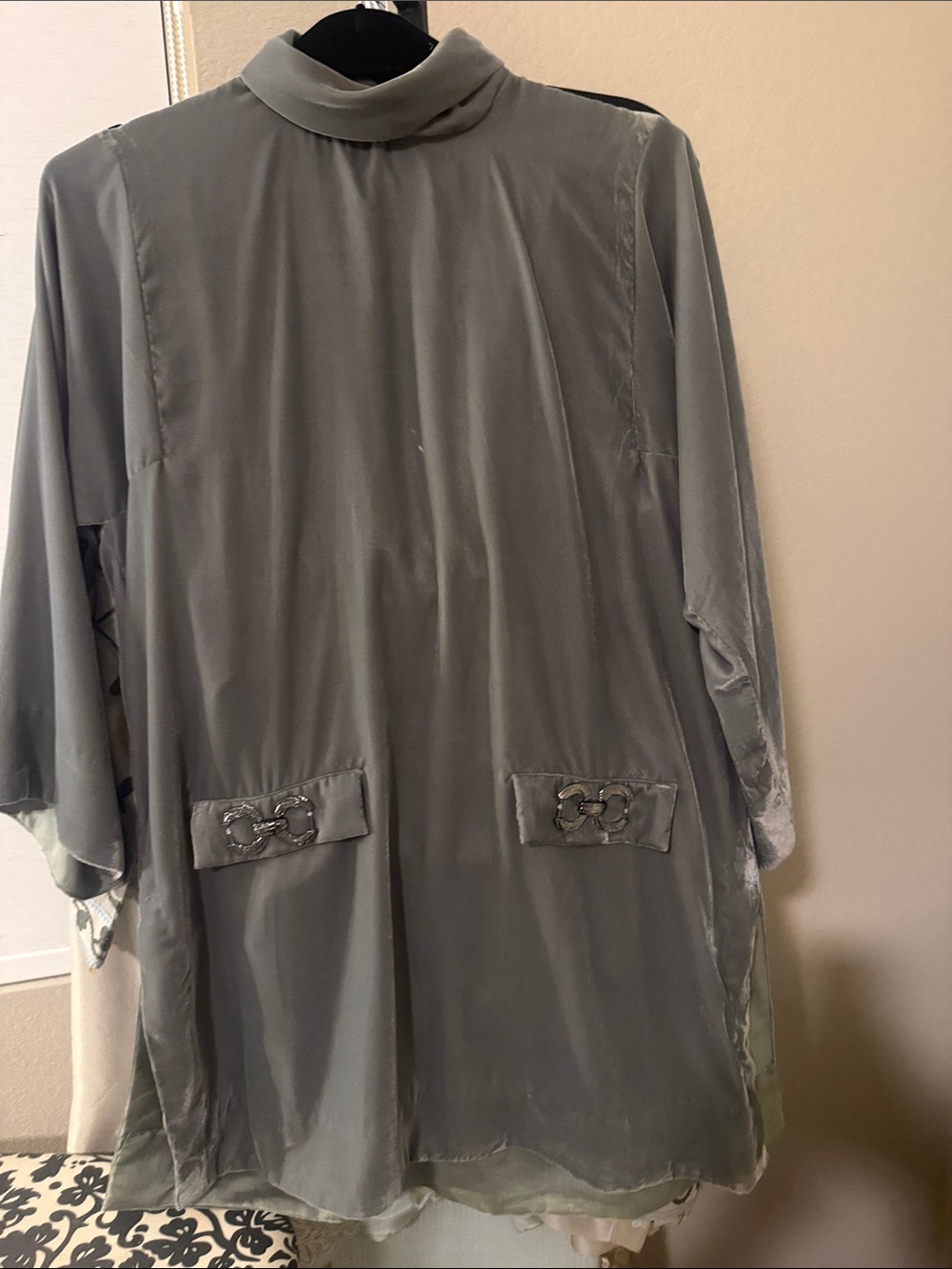 Women's Light Gray Satin Long Jacket with Decorative Pocket Trim
